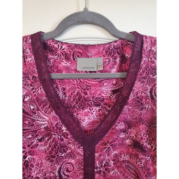 Athleta Pink Purple Paisley Stretch Knit Sleeveless Lace Mesh Trim Dress, Small - Picture 3 of 10